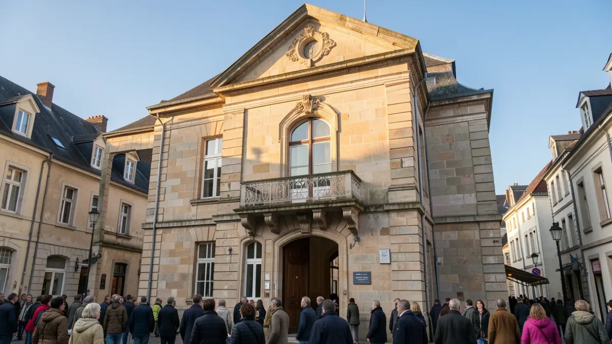 Image générique de la façade d'un bâtiment communal en pierre, avec un balcon orné, sous un soleil d'après-midi.