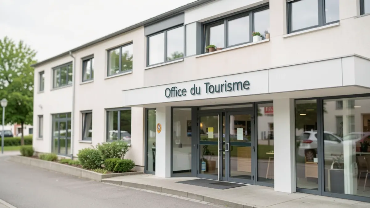 Façade de l'Office du Tourisme de Dour, situé au Centre Athéna, rue Athéna 1. L'entrée est accueillante.
