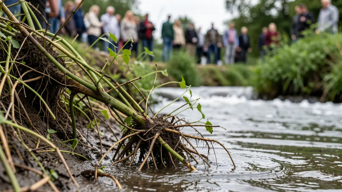 Generic image of hands pulling invasive plant roots from a riverbank.