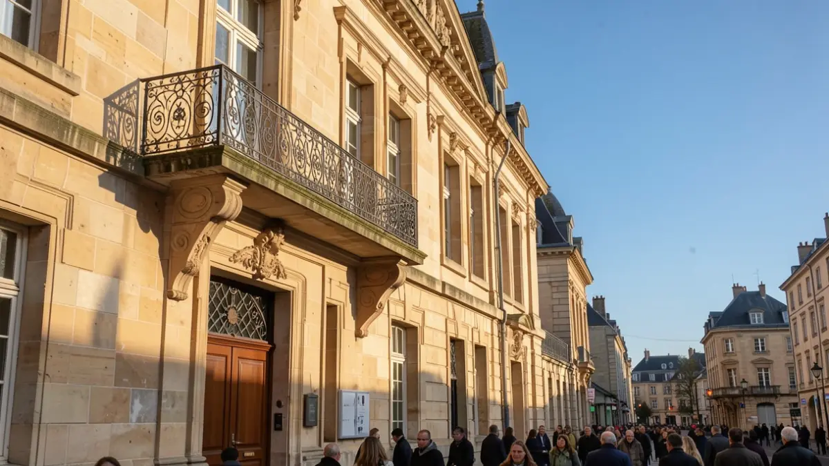 Image générique de la façade d'un bâtiment communal en pierre avec un balcon orné, sous un soleil d'après-midi.