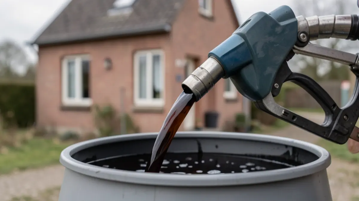 Close-up of a fuel nozzle dispensing heating oil into a container, with a blurred background of a modest home in Belgium.