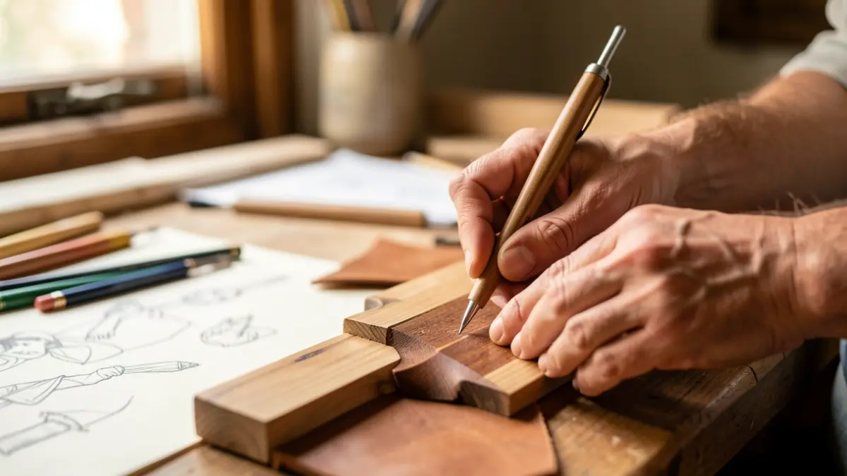Image générique de mains d'un designer travaillant des matériaux naturels comme le bois et le cuir, avec des outils artistiques et des croquis flous en arrière-plan. Éclairage chaud et naturel, style typique du Hainaut.