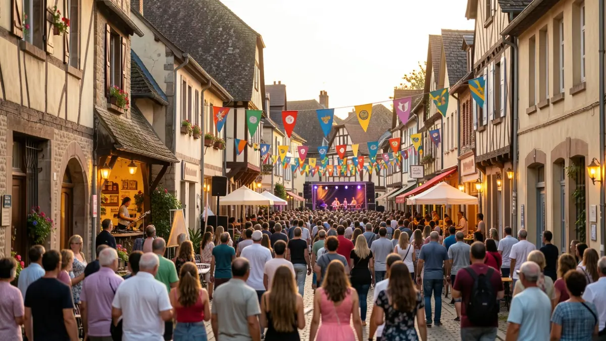 Image générique d'une fête de village animée avec des musiciens jouant en extérieur et une foule joyeuse. Ambiance estivale et festive.