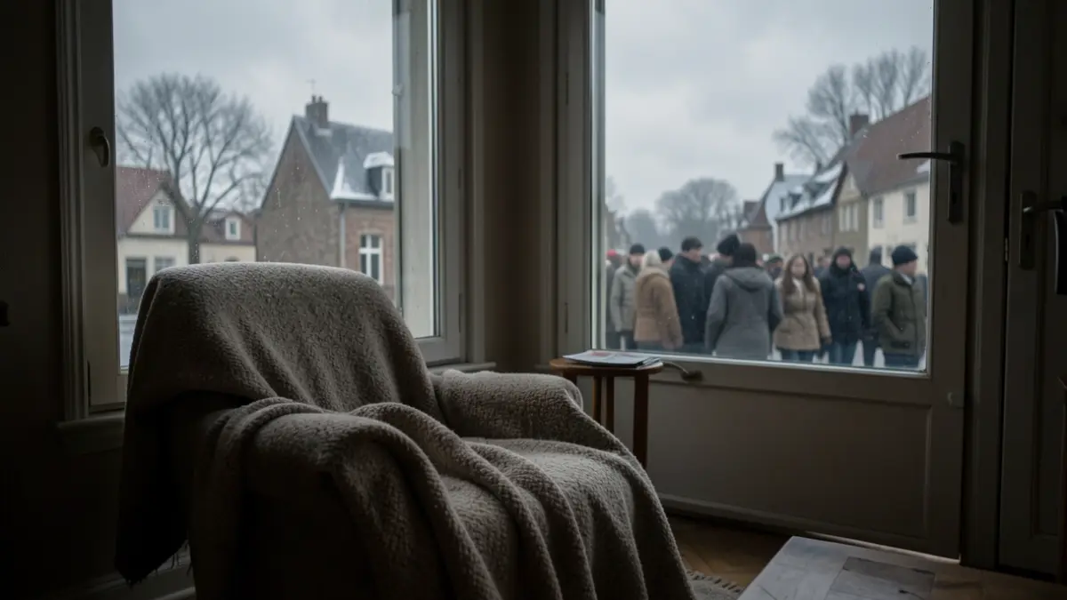 Image générique d'un plan grand froid. Une couverture chaude sur une chaise dans une pièce sombre, avec une fenêtre donnant sur un ciel gris et couvert.