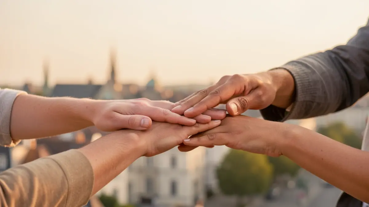 Generic image of diverse hands reaching out to symbolize communication and assistance, on a neutral background with a subtle hint of the city of Mouscron.