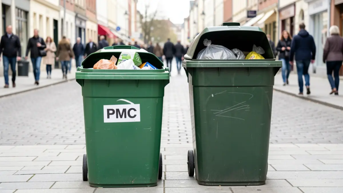 Generic image of two distinct public waste bins for waste sorting, installed on a street in the municipality.