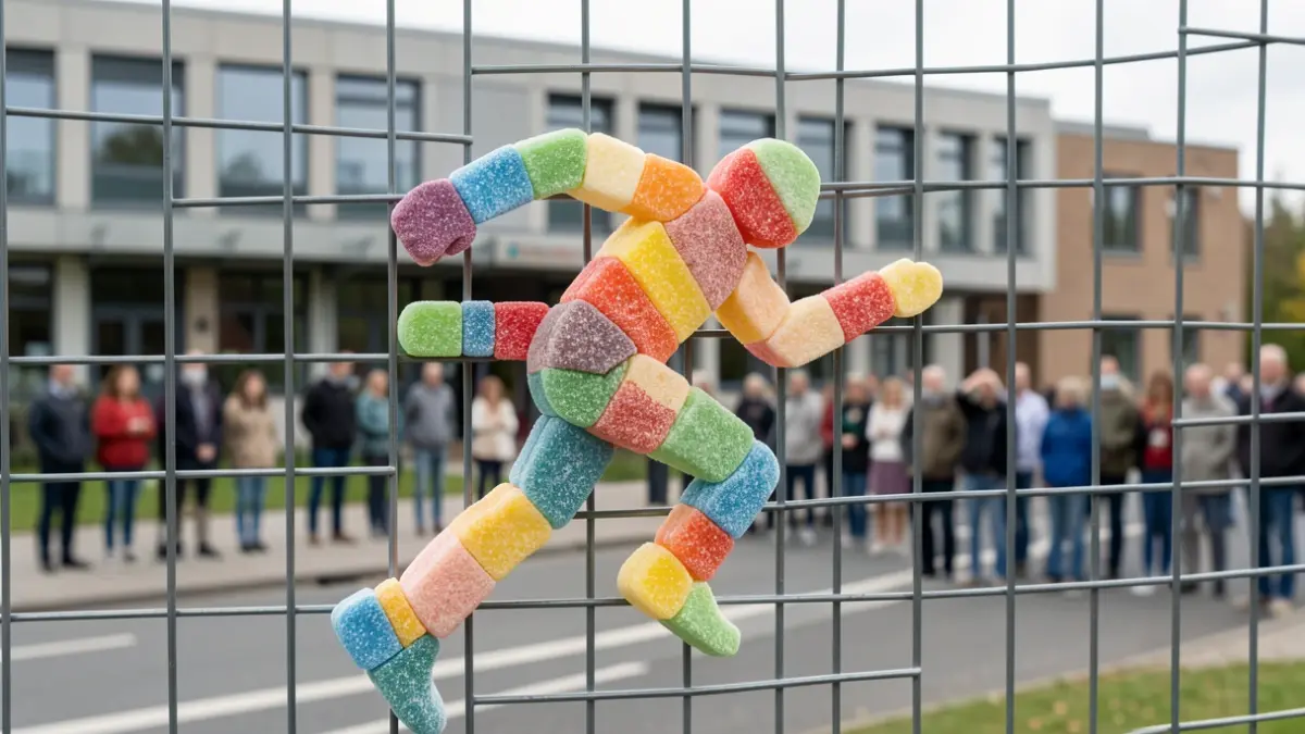 Generic image of colorful pastilles forming the silhouette of a sprinter on a fence, with a blurred school building in the background.