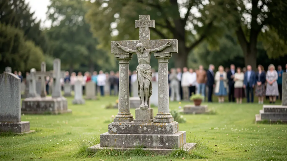 Image générique d'un calvaire restauré dans un cimetière, ambiance paisible.