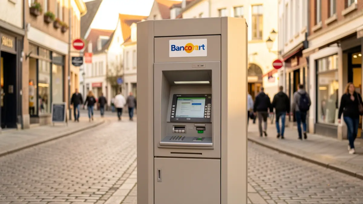 New neutral CASH point installed in Ath, recognizable by its Bancontact logo, located on a shopping street.