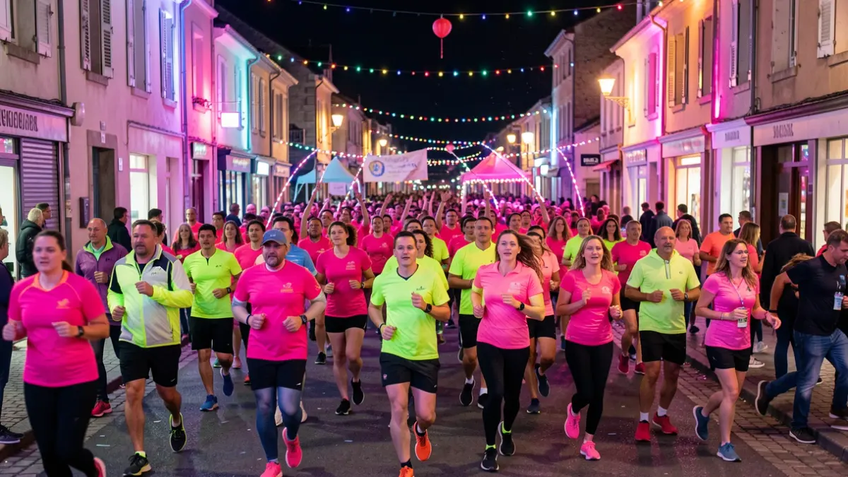 Generic image of a solidarity event in Boussu with participants in fluorescent and pink attire, illuminated by ambient lights.