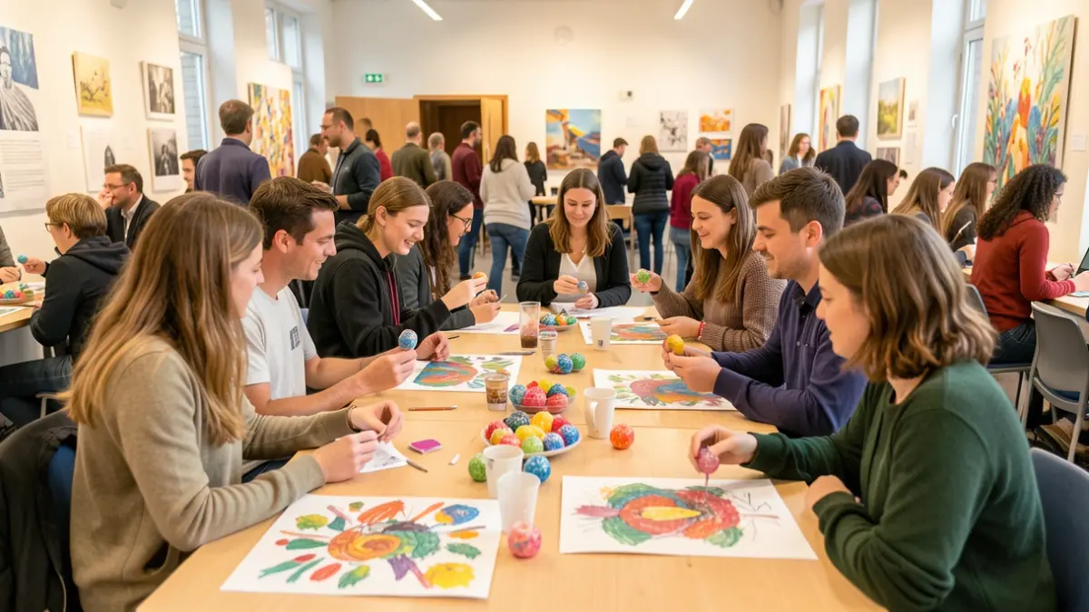 Generic image of students and teachers collaborating in an educational space, surrounded by handmade items and artistic creations.