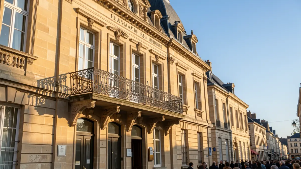 Façade en pierre d'un hôtel de ville du Hainaut avec balcon en fer forgé, lumière d'après-midi chaude, ciel bleu.