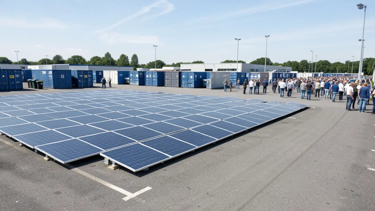 Image générique de panneaux solaires installés sur une aire de stockage de voitures, avec des conteneurs de batteries en arrière-plan.