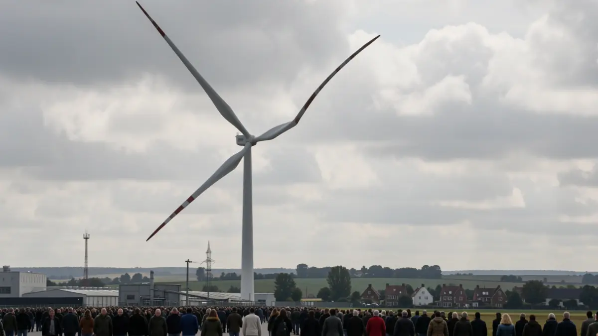 Generic image of a wind turbine in a Belgian industrial zone under cloudy skies.