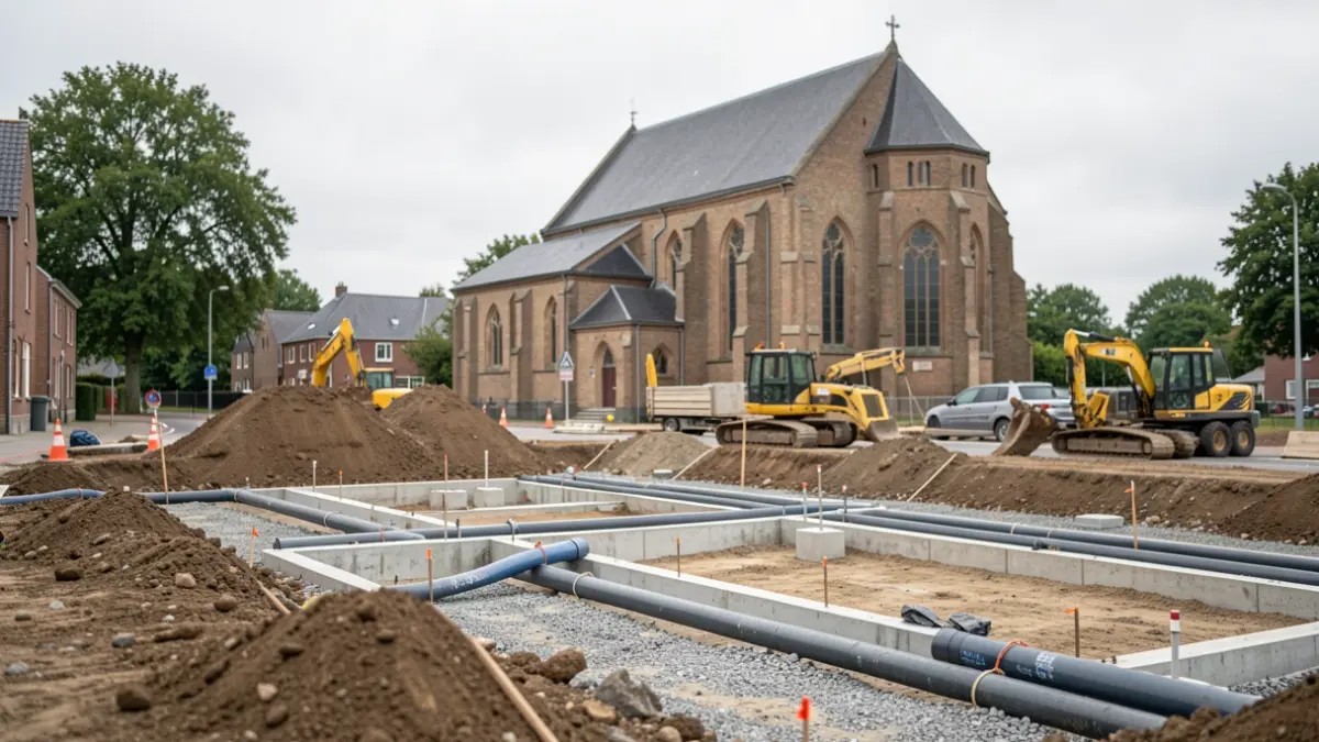Construction site for the Sainte-Anne church parking lot redevelopment in Comines-Warneton, featuring earthmoving and roadworks.