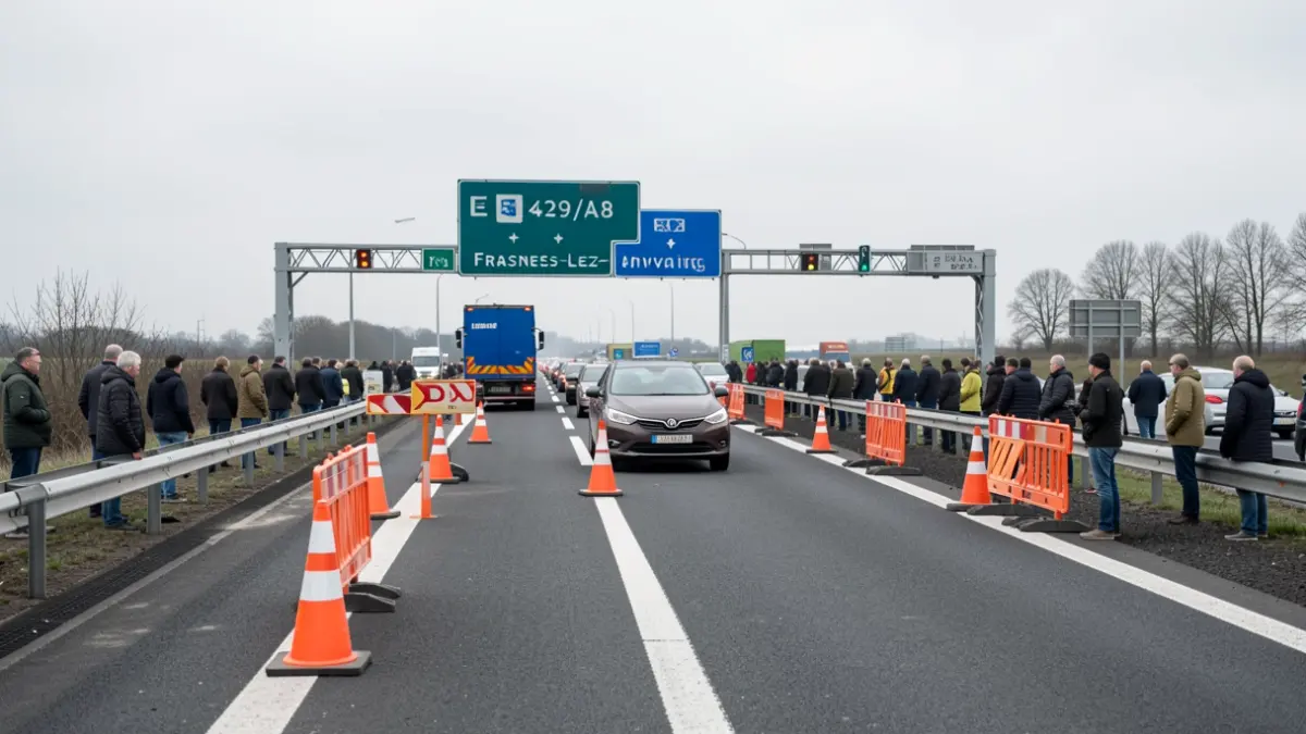 Roadworks on the E429/A8 highway in Frasnes-lez-Anvaing, with traffic cones and barriers.