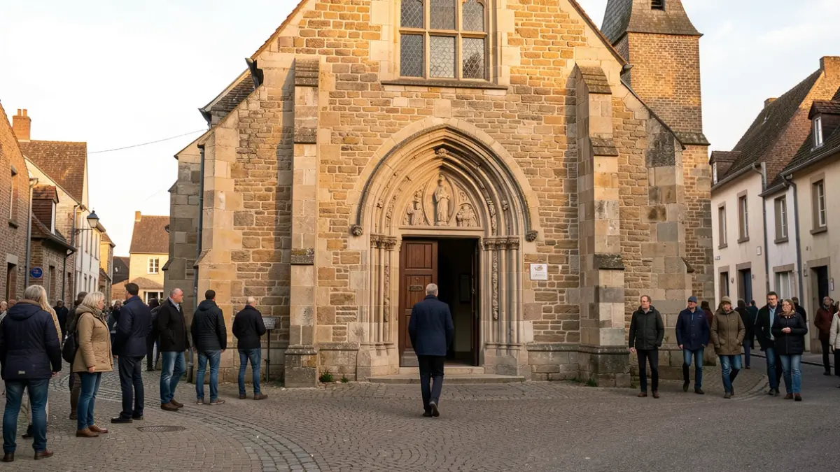 Generic image of a stone church facade in a Belgian village, with a person walking away from the entrance, afternoon light.