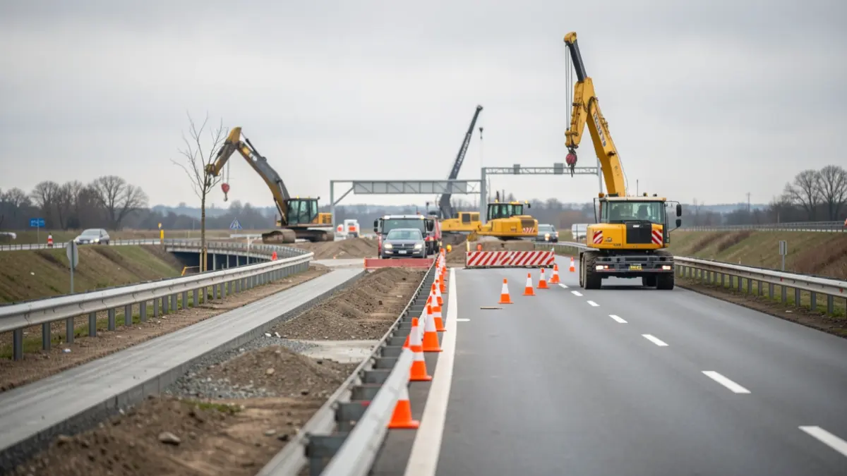 Chantier de rénovation sur le R5 entre Jemappes et Asquillies, avec des engins de chantier et des déviations mises en place.