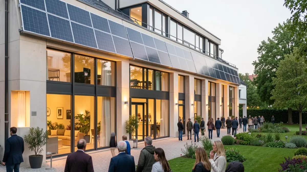 Facade of a modern building with solar panels, symbolizing energy renovation.