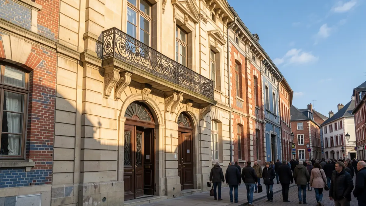 Generic image of a stone Hainaut town hall facade with an ornate balcony and iron railings, under warm afternoon sunlight.
