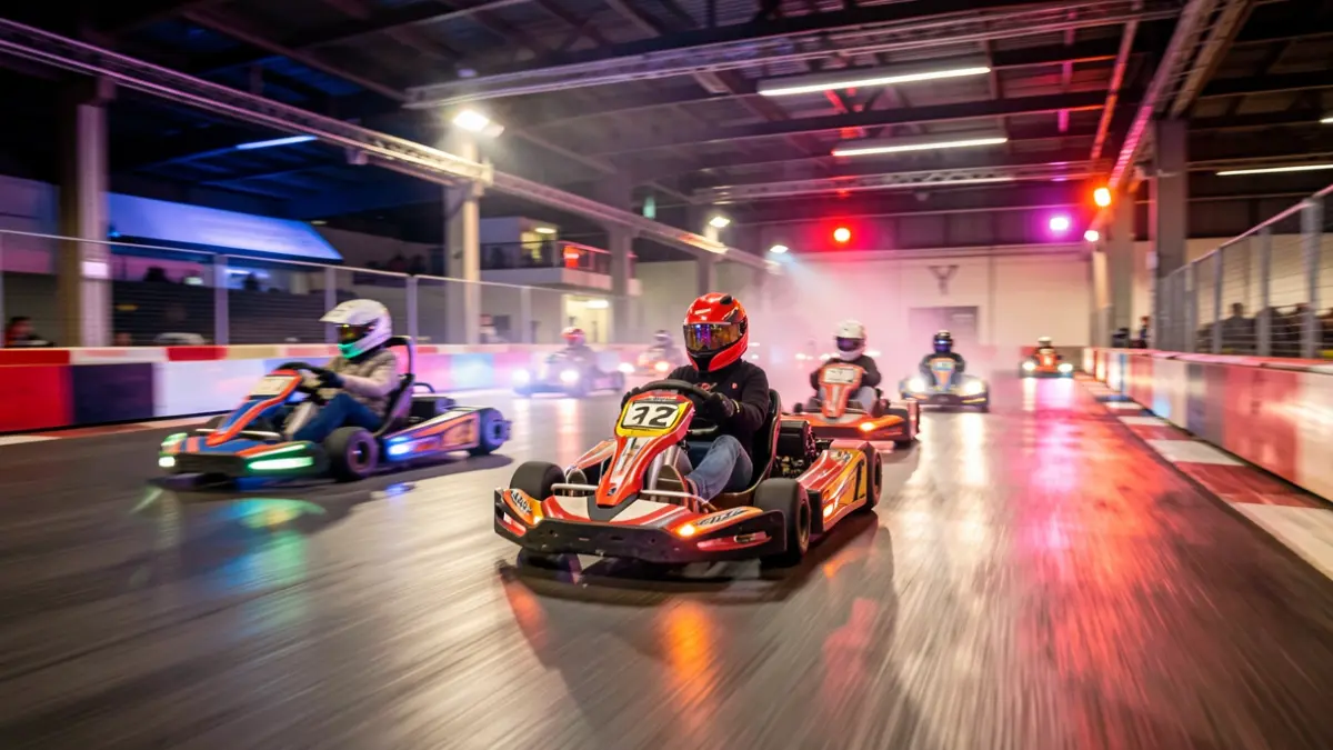Generic image of go-karts racing on an indoor track at night, with colorful lights and motion blur.