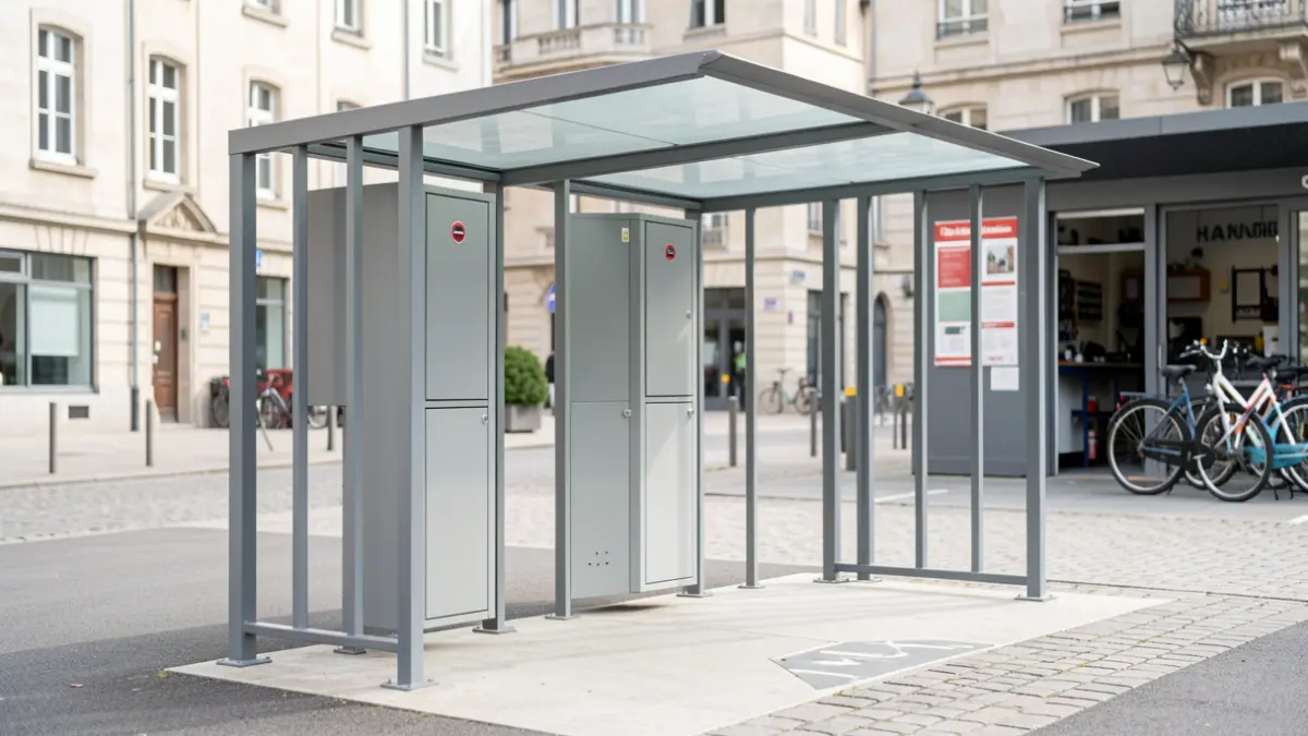 New covered and secure bicycle racks with a repair station in Sirault, municipality of Saint-Ghislain.