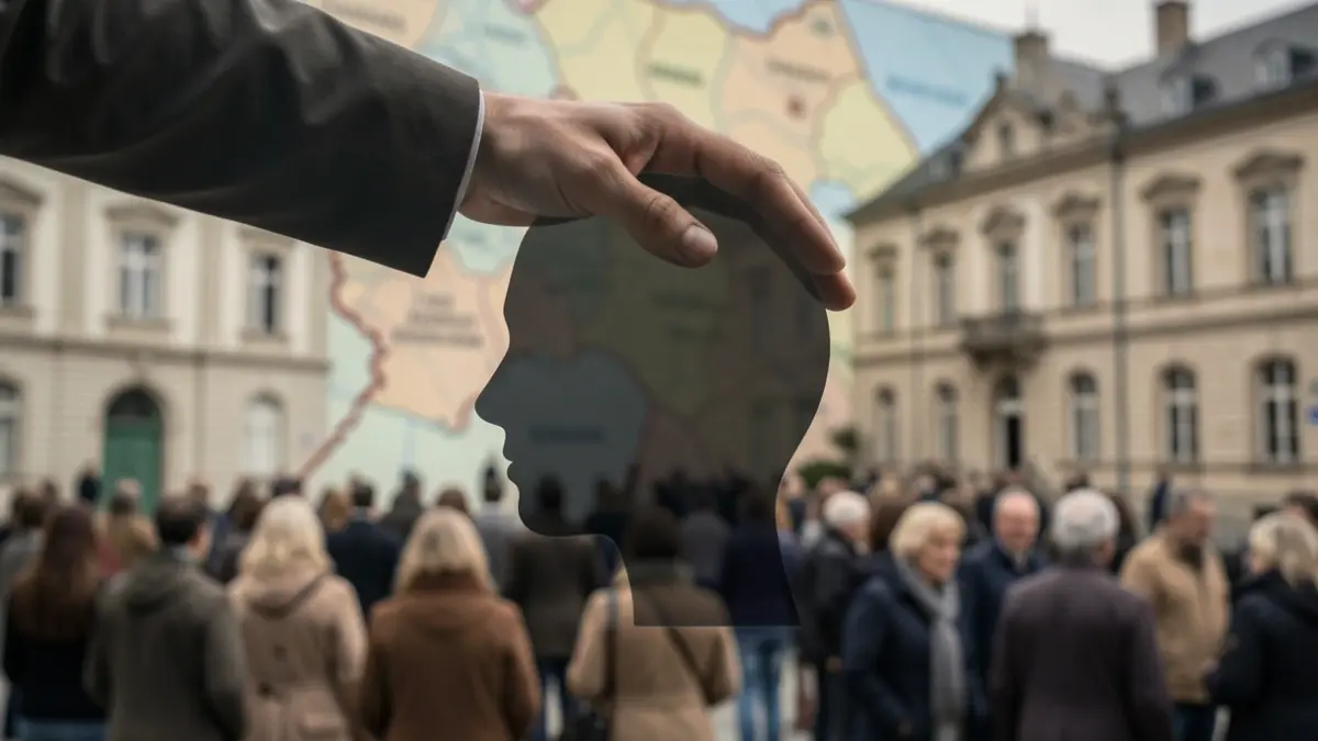 Image générique de mains apportant un soutien symbolique à une silhouette de tête, avec des éléments flous d'un bâtiment officiel en arrière-plan.