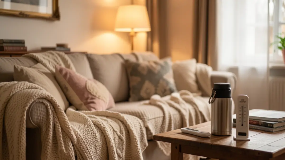 Generic image of a cozy living room interior with blankets and cushions, suggesting warmth and well-being.