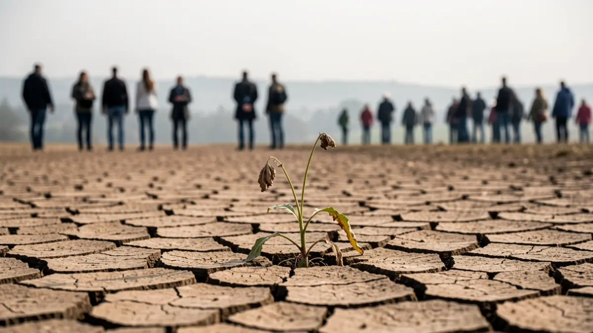 Terre craquelée et desséchée avec une plante flétrie, symbolisant la sécheresse en Wallonie. Paysage brumeux et pâle sous un ciel clair.