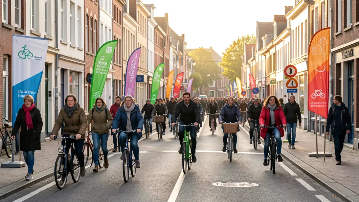 Image générique de personnes participant à la Semaine de la Mobilité en Wallonie, marchant et faisant du vélo dans une rue fermée à la circulation motorisée.