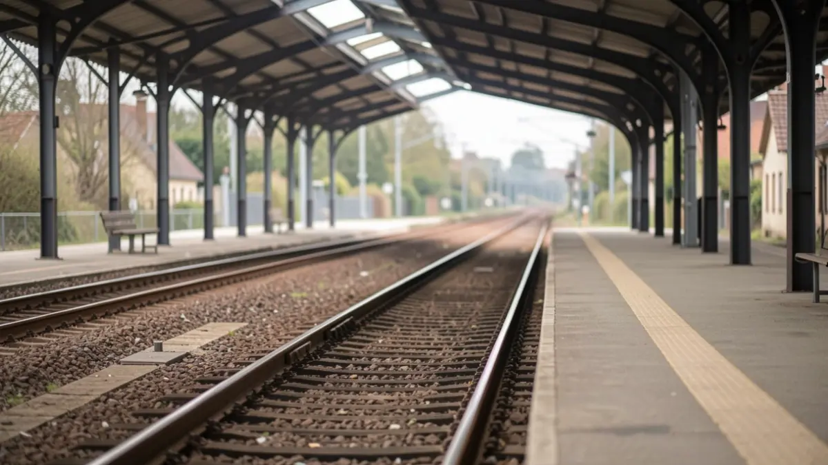 Generic image of a railway track and station platform, soft daylight, no train or text visible.
