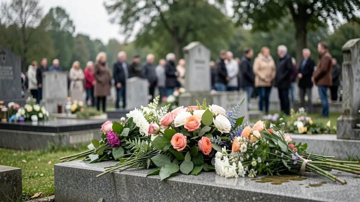 Generic image of flowers and greenery on a grave in a cemetery in the commune of Seneffe.