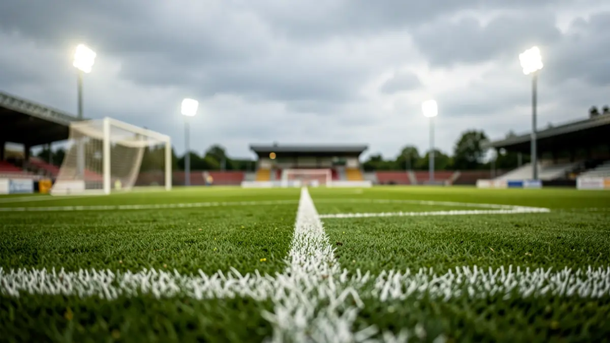 Generic image of a football pitch with goalposts and white lines on green grass, seen from a low angle, with blurred stadium lights in the background under a cloudy sky.