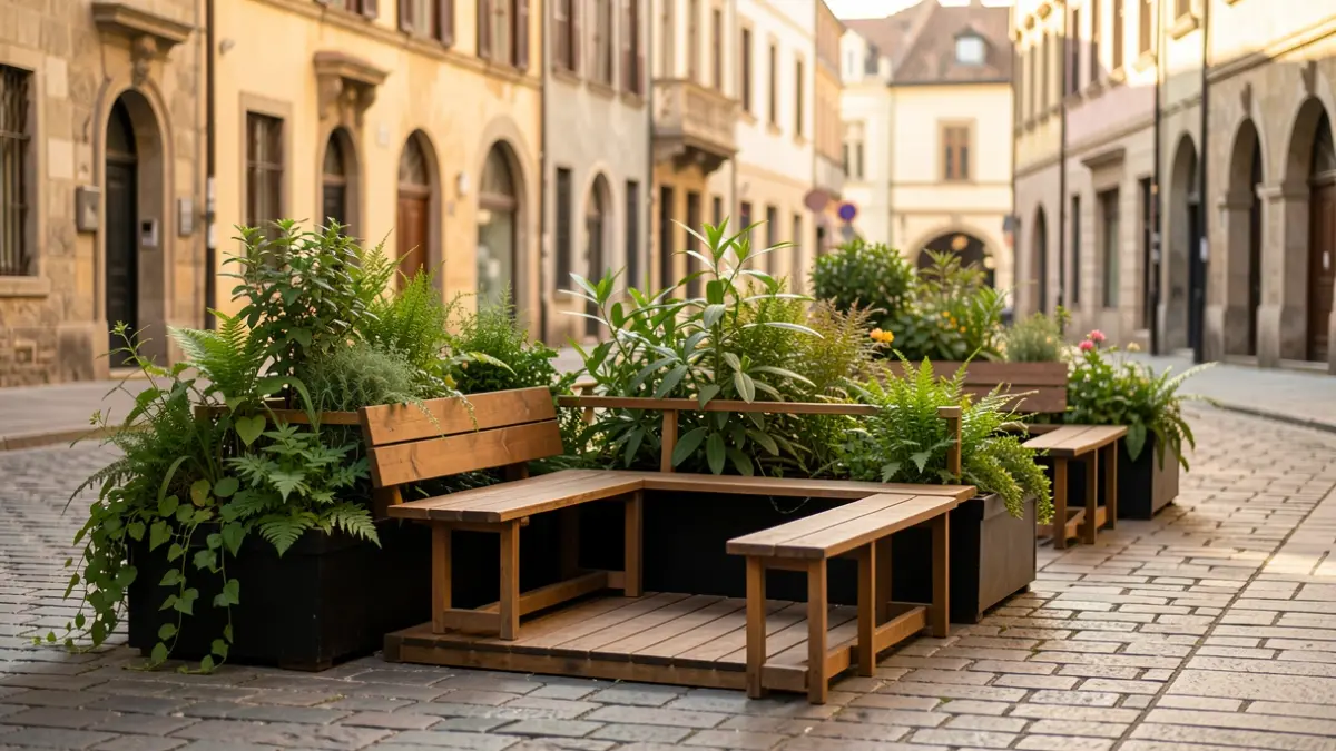 Aménagement urbain temporaire avec des plantes et des sièges sur une rue pavée à Soignies.