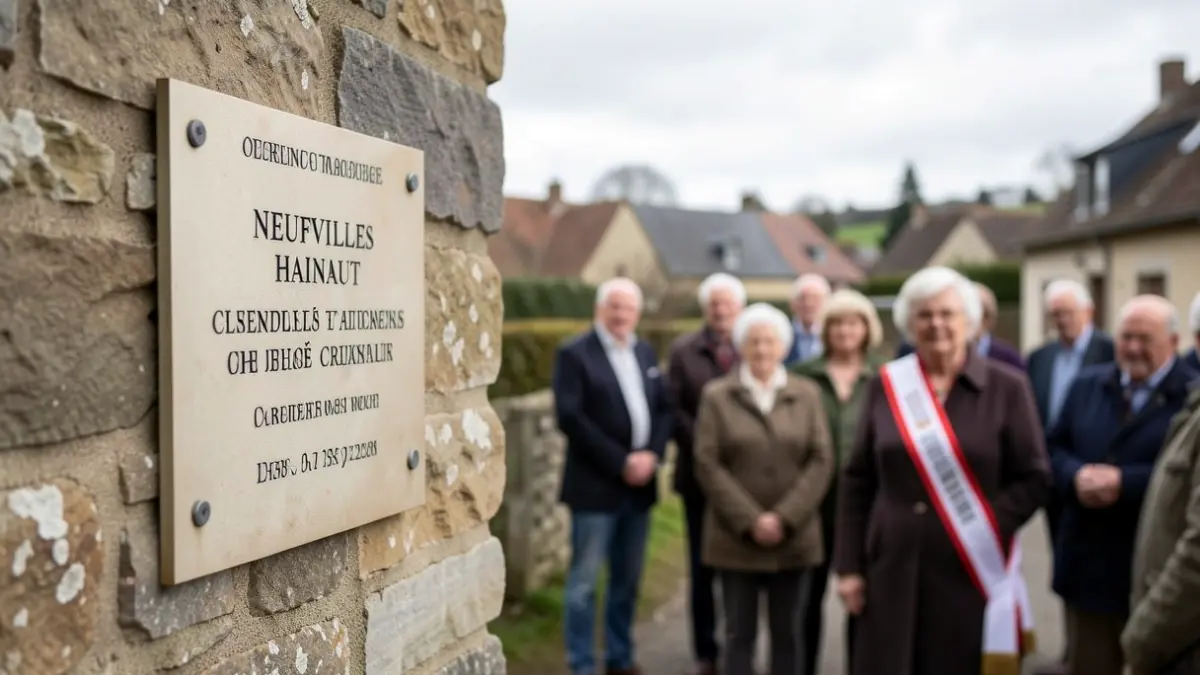 Inauguration d'une plaque commémorative à Neufvilles en présence de la bourgmestre et d'anciens intervenants.