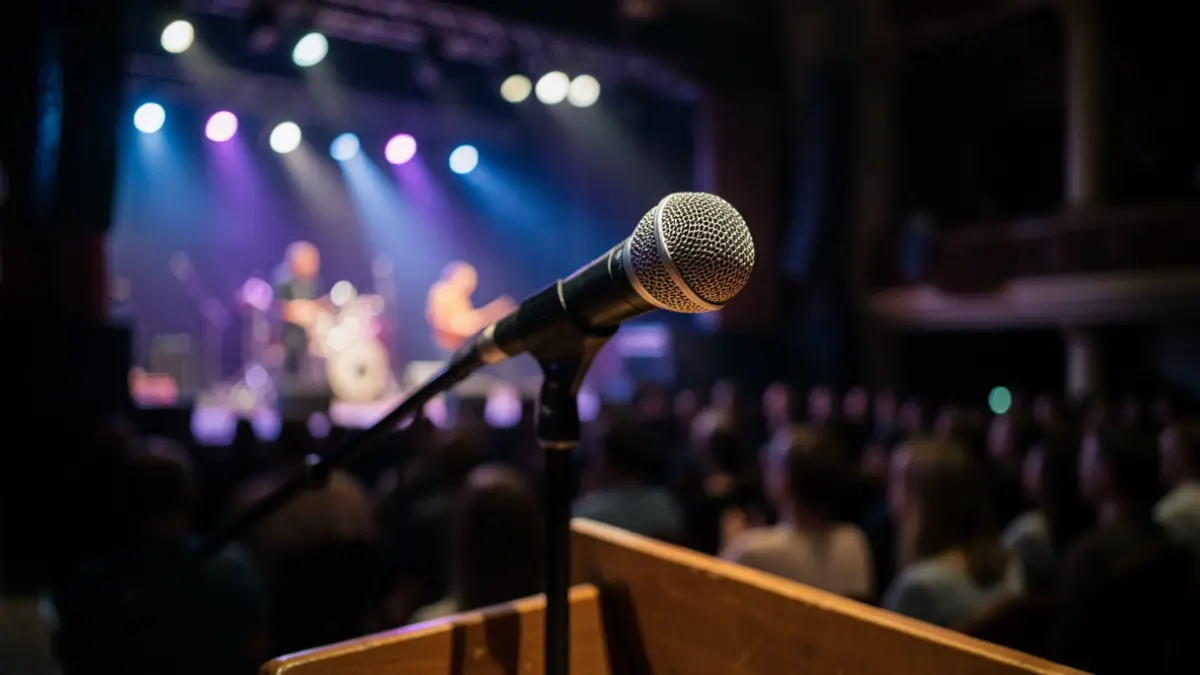 Generic image of a microphone on a wooden stand in a dimly lit concert hall, with blurred stage lights in the background.