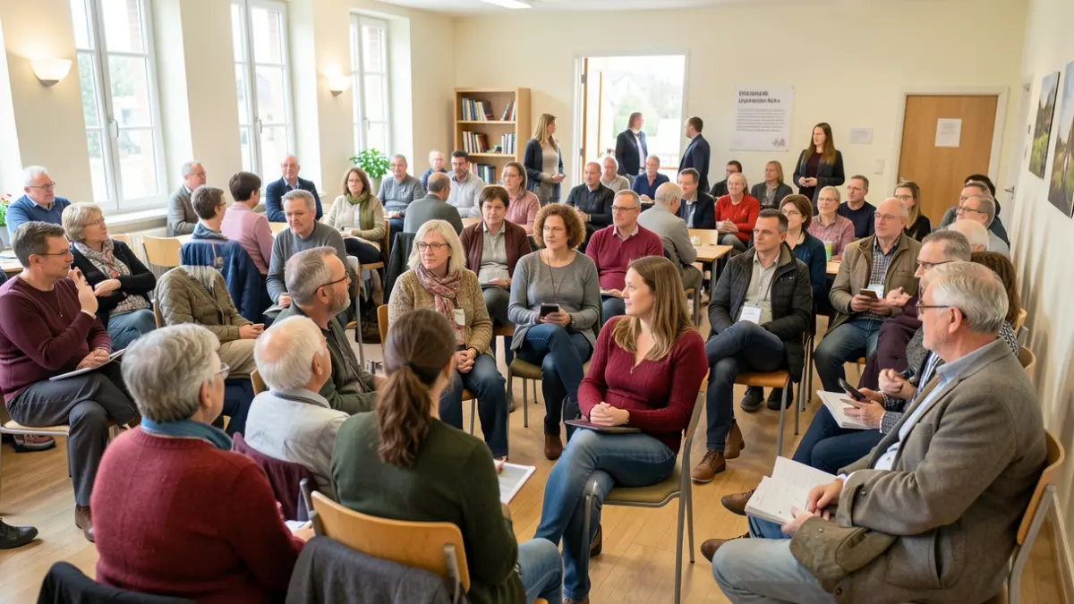 Generic image of diverse people gathered in a community center in Wallonia, in a welcoming and informative atmosphere.