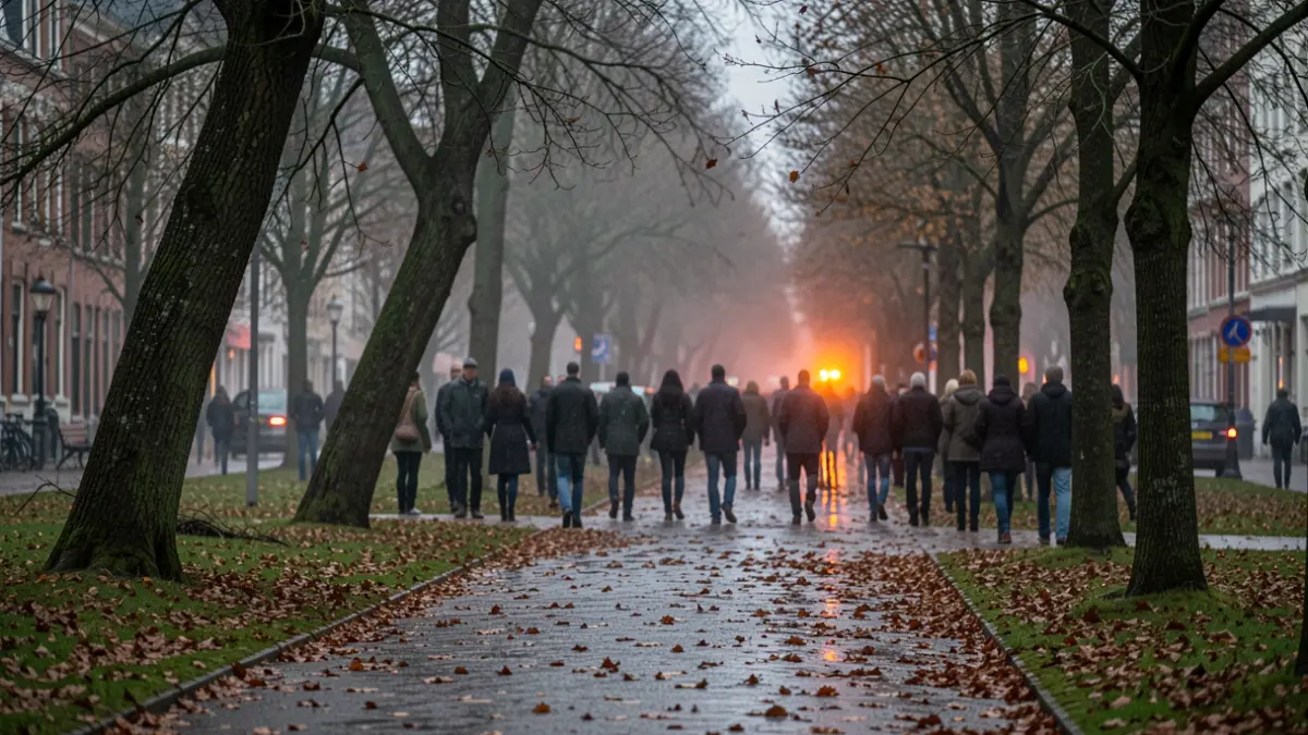 Generic image of strong winds in a Belgian urban park, with bending trees and wet leaves on paths. Blurred orange warning lights in the background.