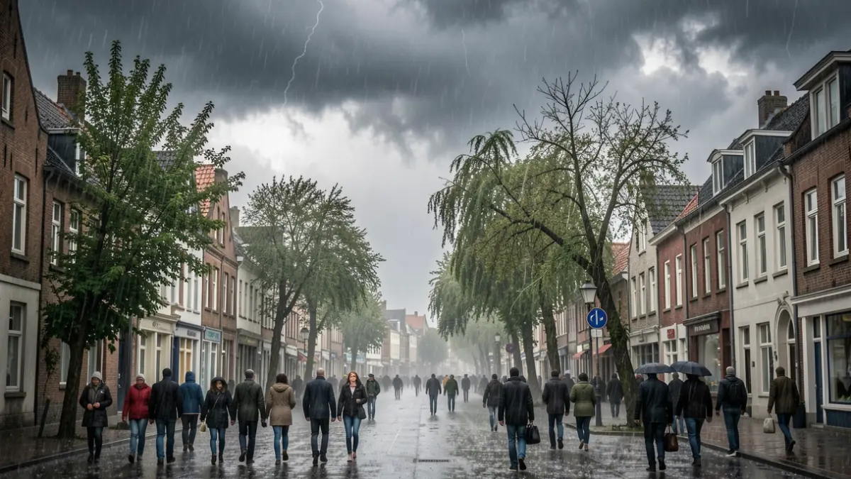 Image générique de fortes pluies et de vents violents s'abattant sur une ville belge, avec des nuages sombres et menaçants.