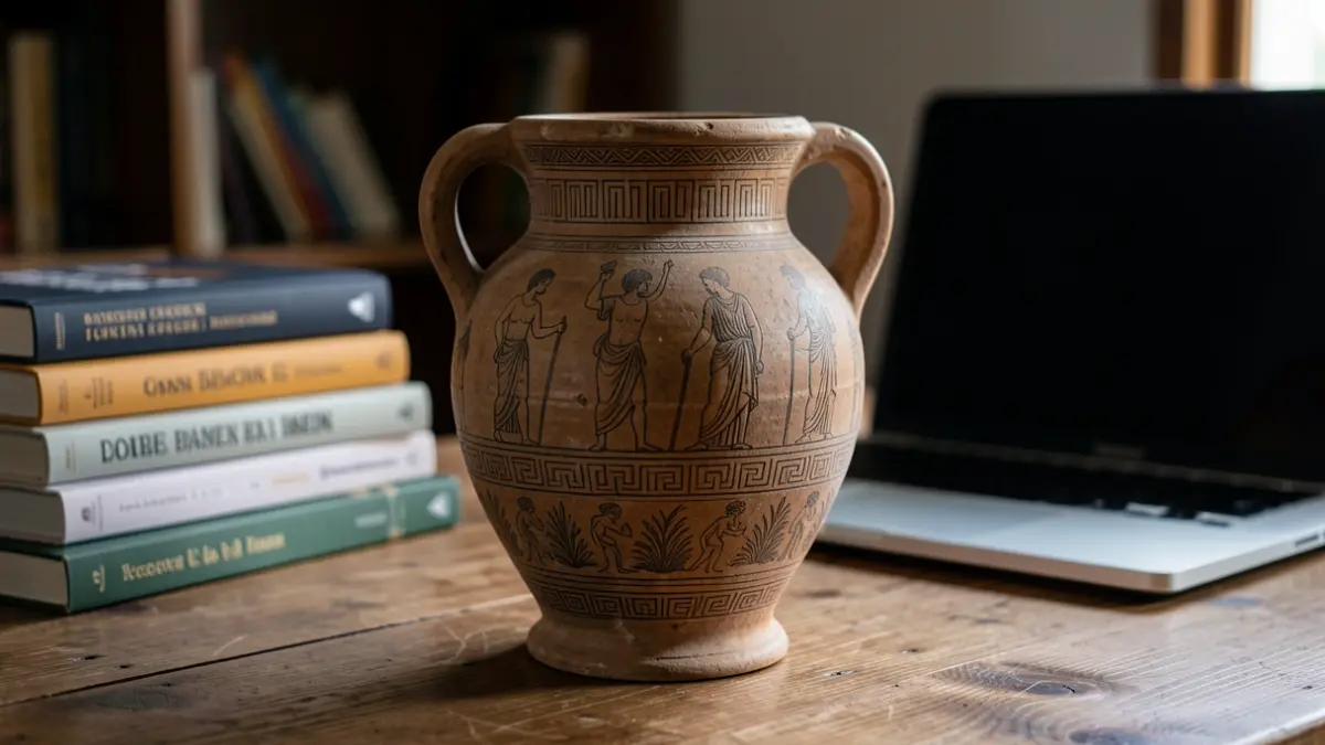 Image générique d'une amphore grecque ancienne avec des figures mythologiques sur une table en bois, entourée de livres et d'un ordinateur portable.