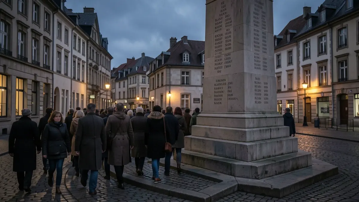 Generic image of a solemn procession heading towards a war memorial in Tournai at dusk.