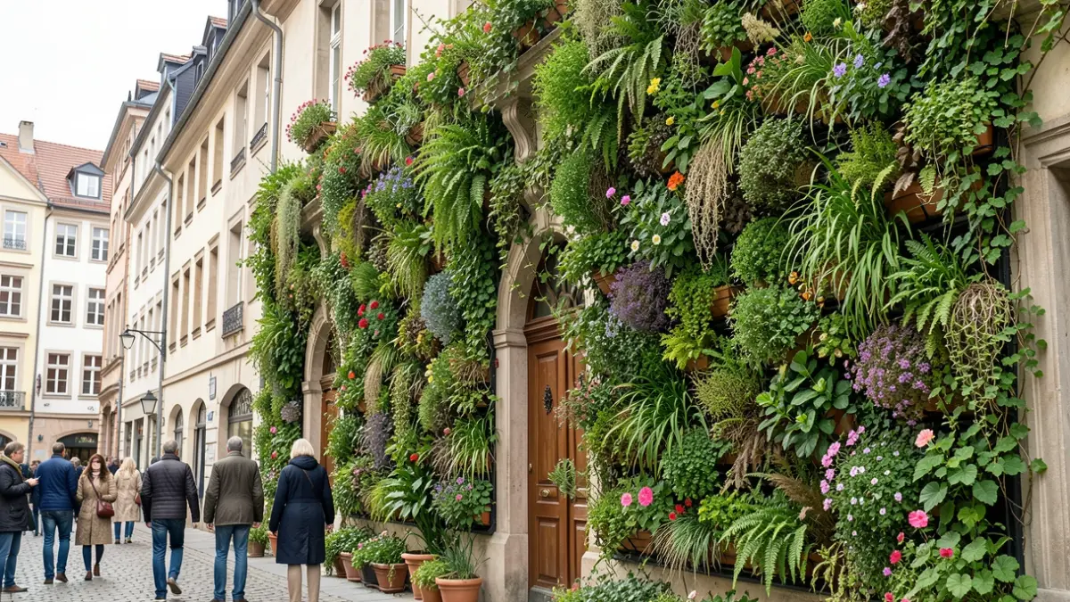 Generic image of green facades in a European urban setting. Lush vegetation is highlighted on walls and balconies.