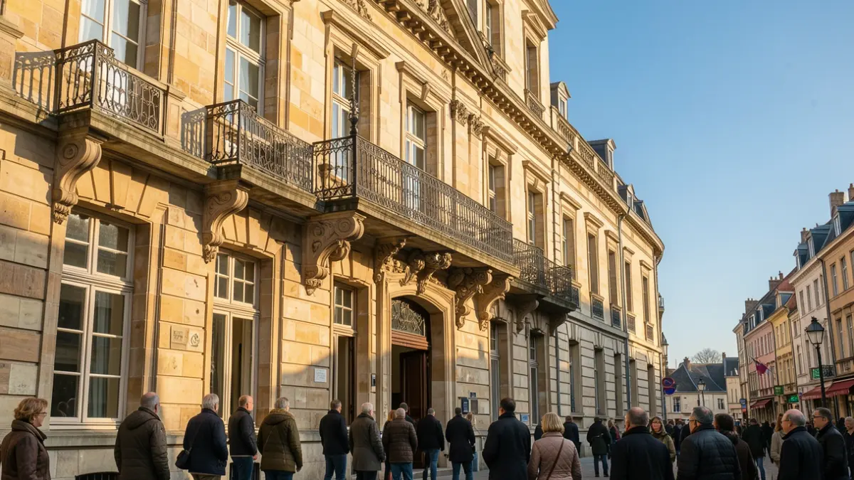 Generic image of a stone town hall facade with an ornate balcony and iron railings, bathed in warm afternoon sunlight.