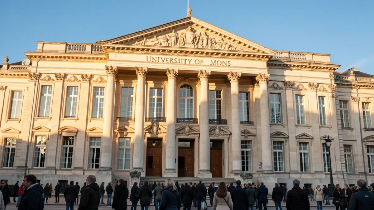 Facade of the University of Mons (UMONS) under afternoon sun.