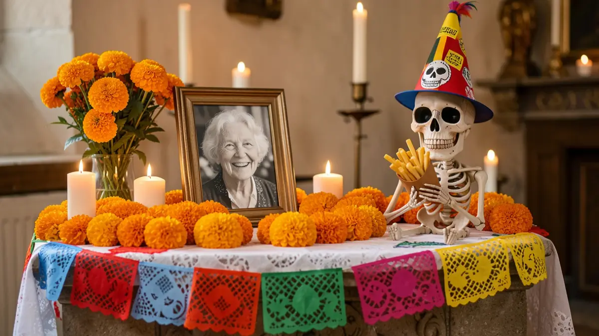 Generic image: decorated with flowers, candles, and a photograph. A stylized skeleton holds a cone of fries. The atmosphere is warm and evocative of remembrance.