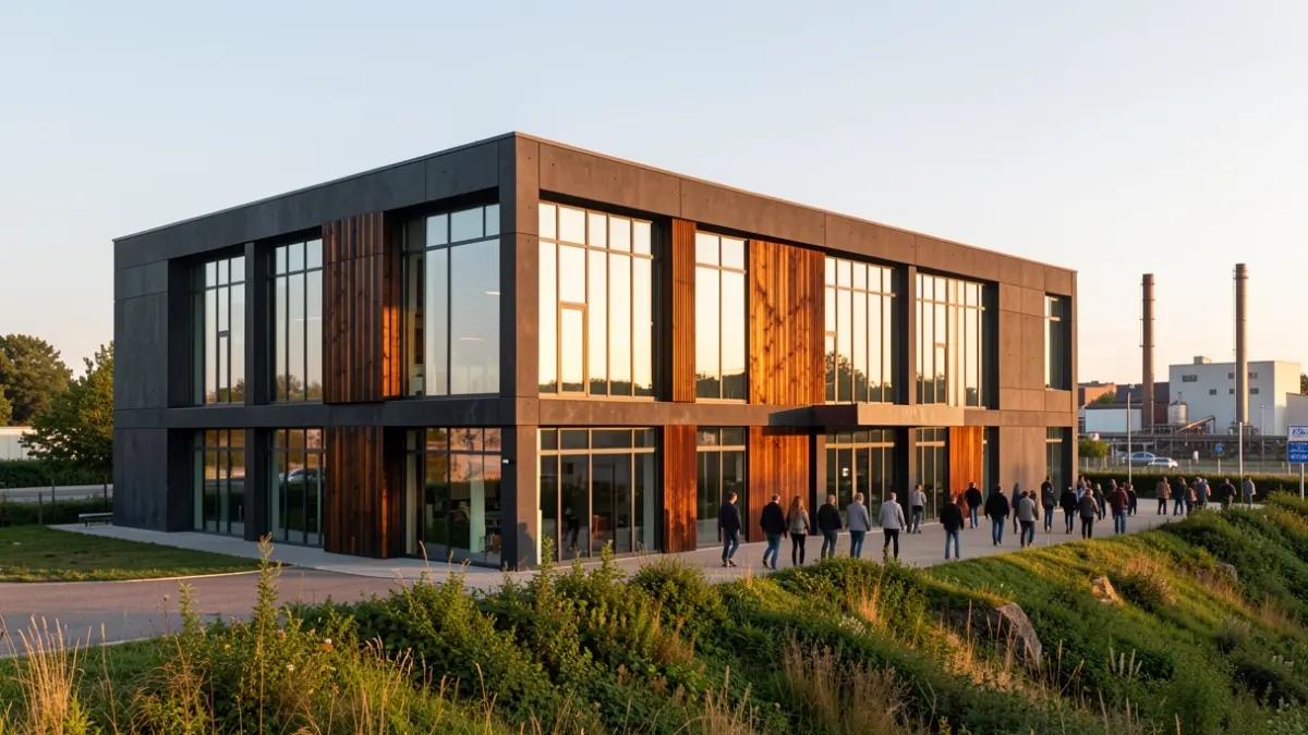 Façade d'un bâtiment industriel moderne à Marchienne-au-Pont, avec de grandes fenêtres et des éléments en béton foncé, verre et bois brûlé, sous la lumière de l'après-midi.