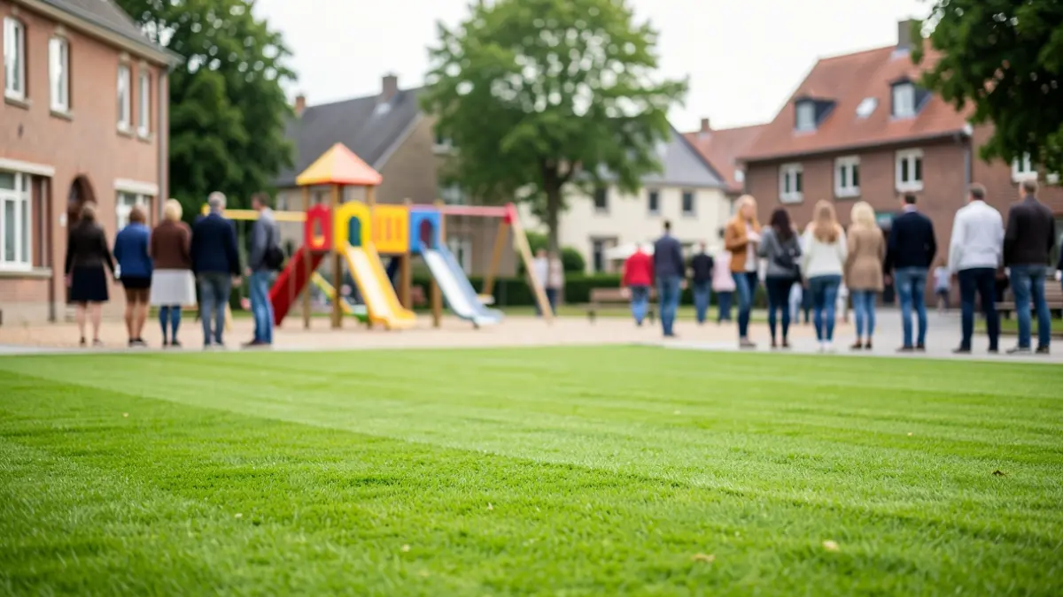 Image d'une pelouse fraîchement posée dans un espace de jeux pour enfants, avec du matériel de jeu coloré en arrière-plan.