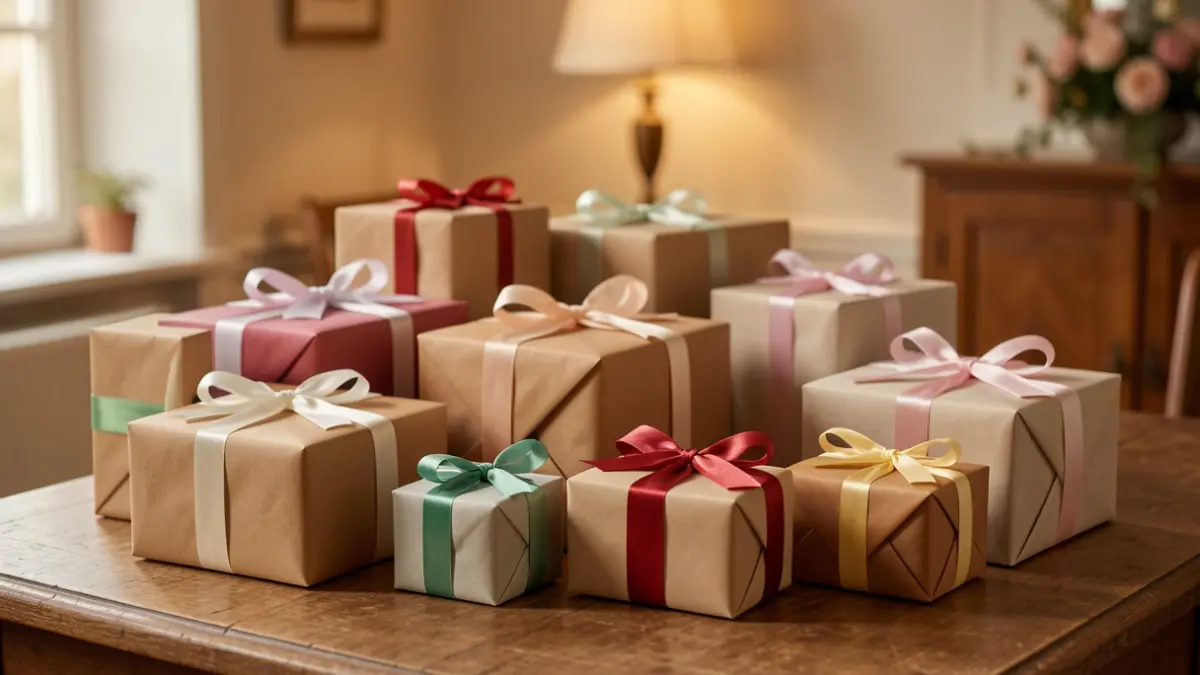 Image générique de cadeaux surprises emballés sur une table en bois, éclairage doux.