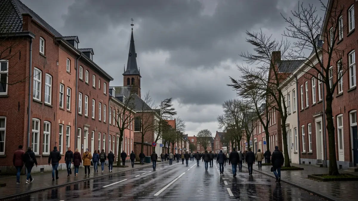 Generic image of a stormy sky over a Belgian town with red brick buildings and wind-swept trees.