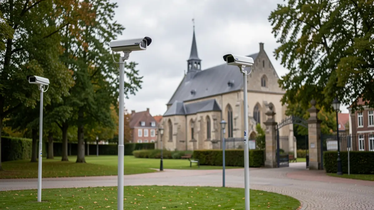 Two temporary surveillance cameras installed in Enghien Park to enhance security.